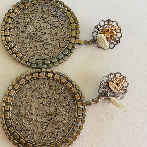 Vintage 1980's NIKOLAS FRANGOS Filigree Rhinestone OVERSIZED Clip On Earrings 4" - Picture 14 of 14